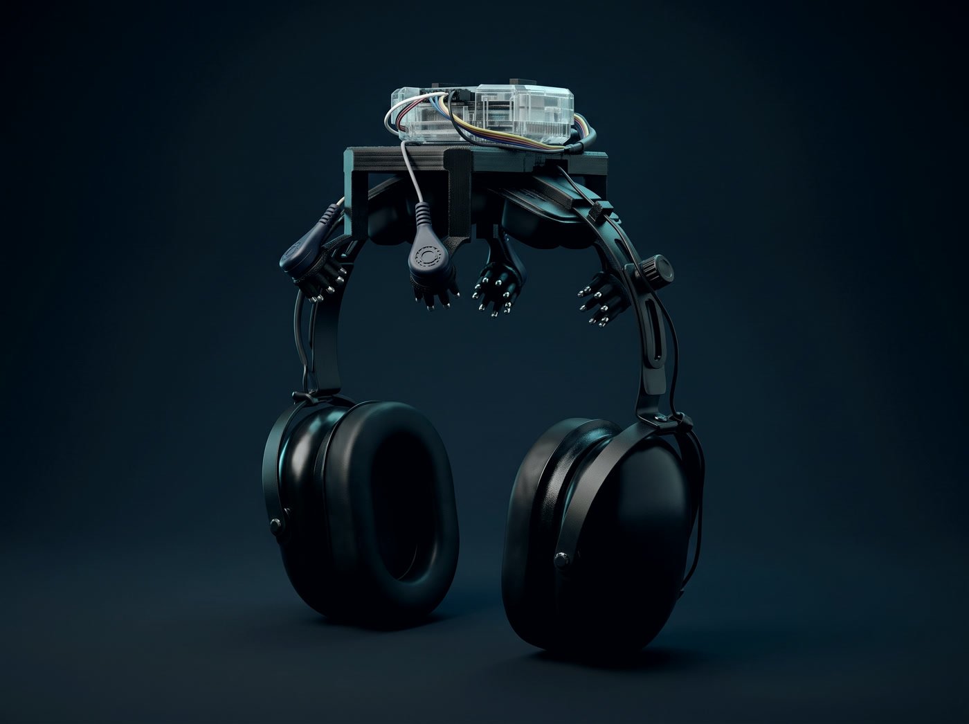 The ThinkSYNC headset assembly: recorder, mount, and dry comb electrodes on an aviation headset.